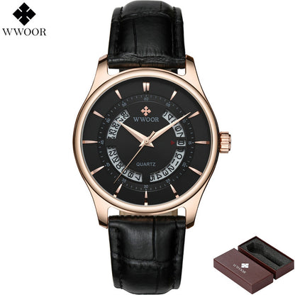 WWOOR Brand Luxury Men's Watches Waterproof Hollow Date Clock Male Leather Quartz Watch Men Sports Wristwatch relogio masculino