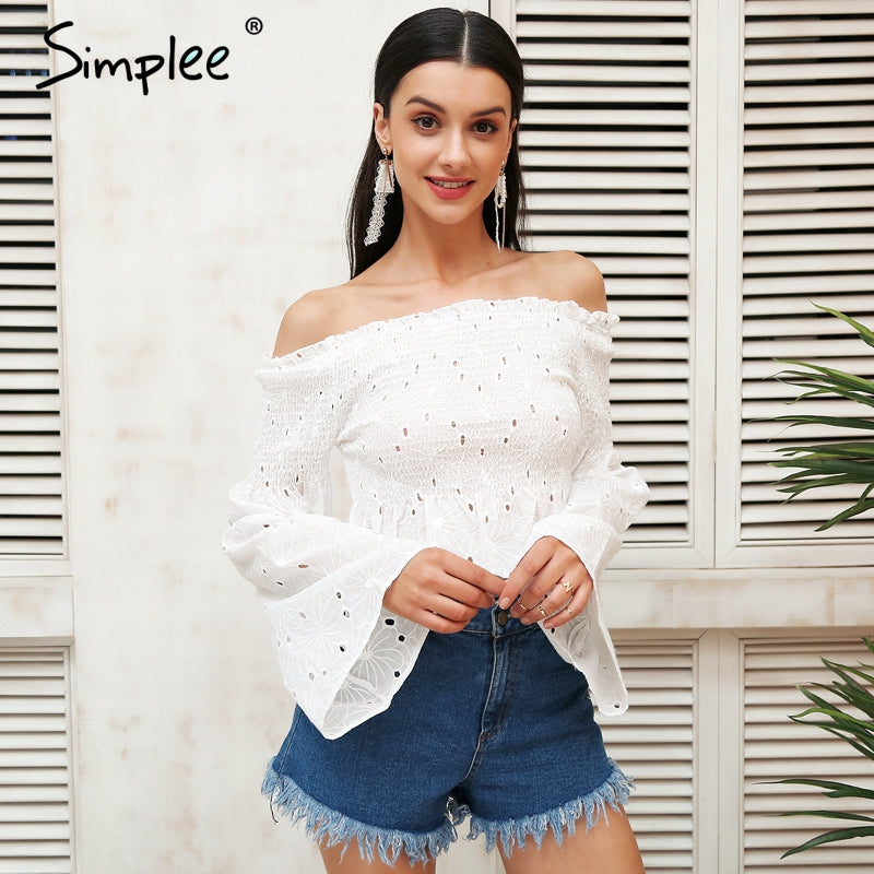 Simplee Elegant off shoulder white blouse shirt women Cotton embroidery ruched summer blouse 2018 Flare long sleeve blouse