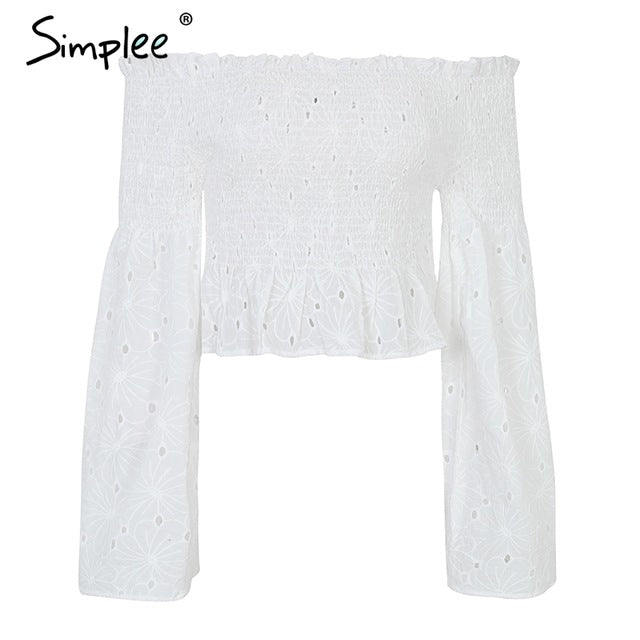 Simplee Elegant off shoulder white blouse shirt women Cotton embroidery ruched summer blouse 2018 Flare long sleeve blouse