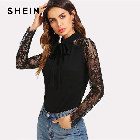 SHEIN Tie Neck Bow Raglan Lace Sleeve Slim Top Black Stand Collar Long Sleeve Plain Blouse Women Zipper Elegant Blouse