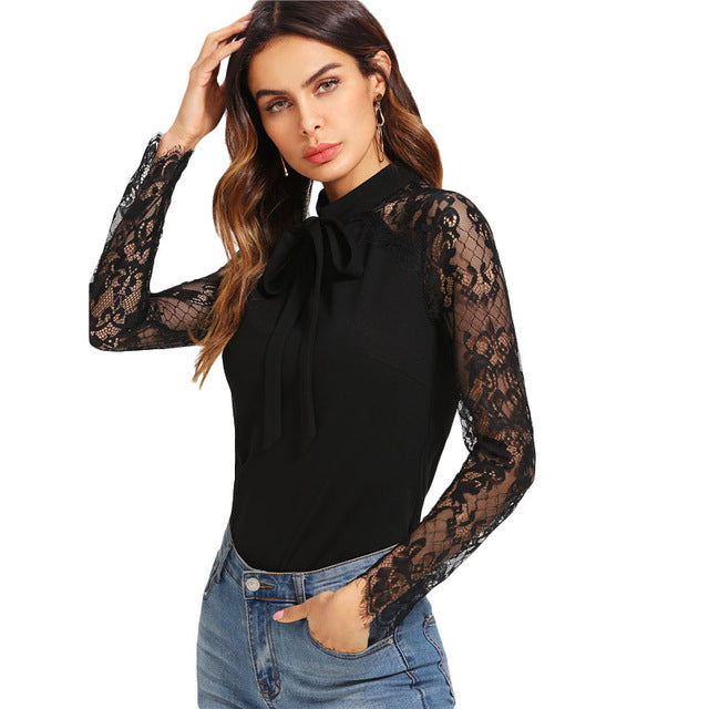 SHEIN Tie Neck Bow Raglan Lace Sleeve Slim Top Black Stand Collar Long Sleeve Plain Blouse Women Zipper Elegant Blouse