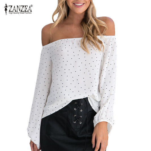 ZANZEA Summer Off Shoulder Blouses 2018 Women Shirts Polka Dot Elegant Chiffon Blouse Casual Lady Tops Shirt Blusa Mujer De Moda