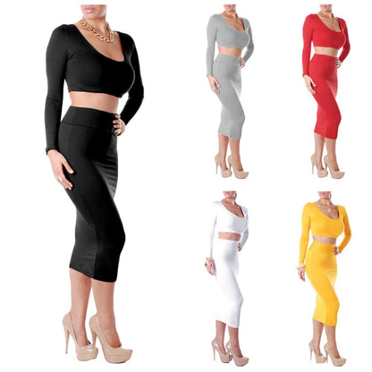 Sexy Women Two Pieces Long Sleeve Bodycon Crop Top Pencil Skirt Dress Twin Set Party Clubwear Grey