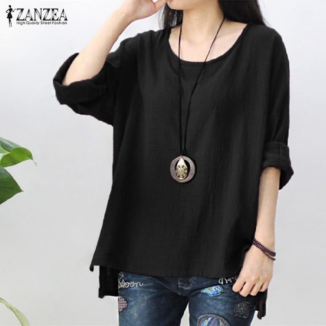 ZANZEA Casual Women's O Neck Long Sleeve Loose Irregular Blouse 2018 Spring Ladies Solid Baggy Cotton Linen Party Shirts S 5XL