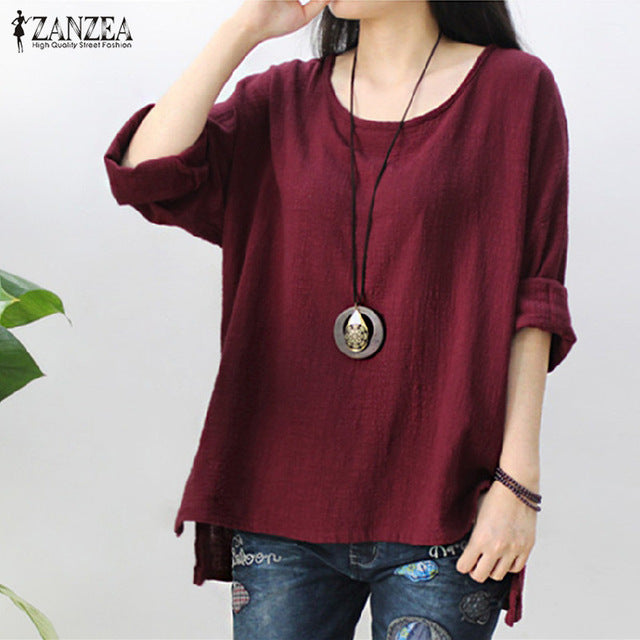 ZANZEA Casual Women's O Neck Long Sleeve Loose Irregular Blouse 2018 Spring Ladies Solid Baggy Cotton Linen Party Shirts S 5XL