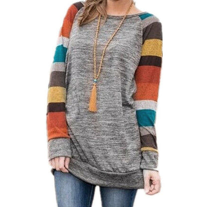 Top Fashion 2018 Casual Round Neck Long Sleeve Loose Shirts Spring Women Leisure Retro Baggy Striped Patchwork Work OL Blouse