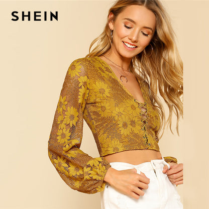 SHEIN Grommet Crisscross Floral Crop Top Ginger Deep V Neck Puff Sleeve Women Slim Lace Blouse 2018 Sexy Long Sleeve Blouse