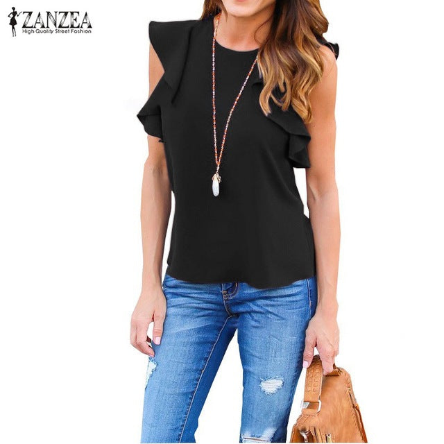 ZANZEA Women Blouse 2018 Summer Sexy O Neck Sleeveless Ruffles Shirts Casual Slim Solid Blusas Plus Size Tee Tops