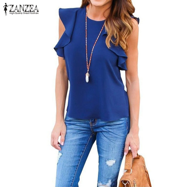 ZANZEA Women Blouse 2018 Summer Sexy O Neck Sleeveless Ruffles Shirts Casual Slim Solid Blusas Plus Size Tee Tops