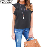 ZANZEA Women Blouse 2018 Summer Sexy O Neck Sleeveless Ruffles Shirts Casual Slim Solid Blusas Plus Size Tee Tops