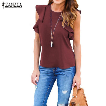 ZANZEA Women Blouse 2018 Summer Sexy O Neck Sleeveless Ruffles Shirts Casual Slim Solid Blusas Plus Size Tee Tops