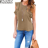 ZANZEA Women Blouse 2018 Summer Sexy O Neck Sleeveless Ruffles Shirts Casual Slim Solid Blusas Plus Size Tee Tops