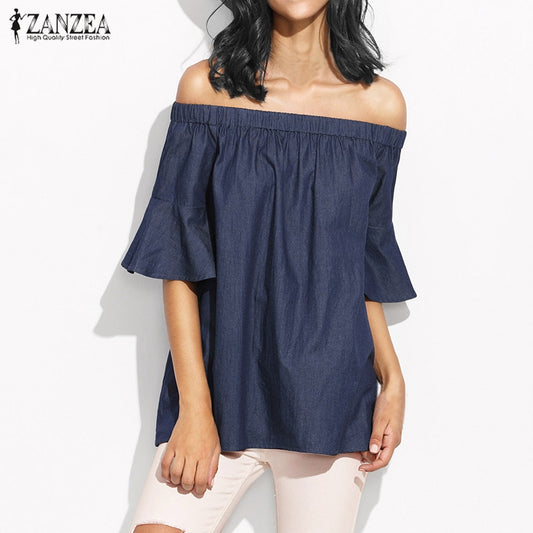 ZANZEA Women Tops 2018 Summer Sexy Slash Neck Off Shoulder Blouse Shirts Half Sleeve Ruffles Casual Loose Solid Blusas Plus Size