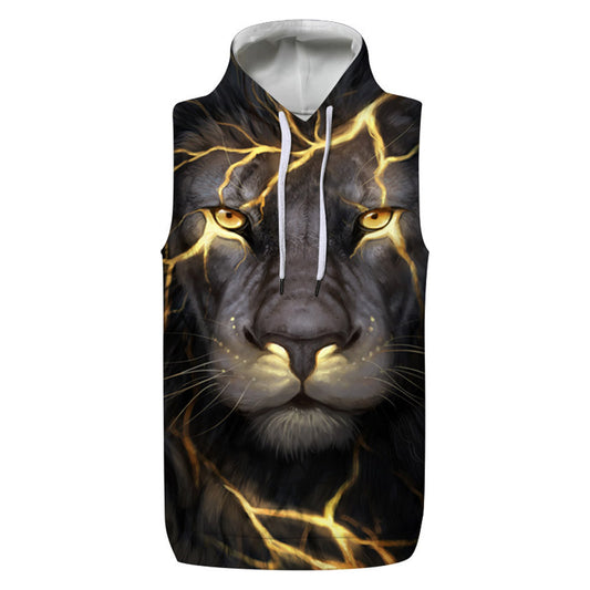 Women Men Unisex Sleeveless Lion 3D Print Loose Hoodies Blouse Tops Tank