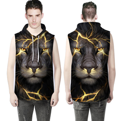 Women Men Unisex Sleeveless Lion 3D Print Loose Hoodies Blouse Tops Tank