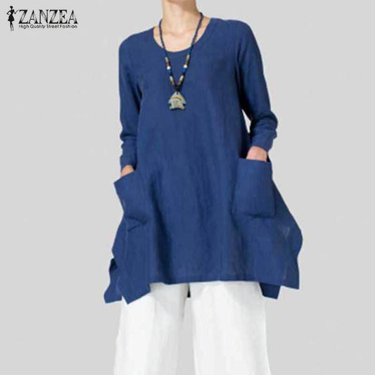 ZANZEA Women Blouse 2018 Autumn Vintage Cotton Shirts Long Sleeve O Neck Pockets Asymmetrical Split Hem Blusas Baggy Long Tops