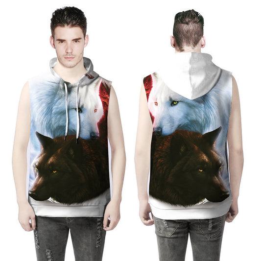 Women Men Unisex Sleeveless Wolf 3D Print Loose Hoodies Blouse Tops Tank