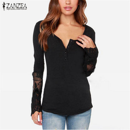 ZANZEA Spring Blusas 2018 Fashion Women Lace Patchwork Shirts Slim Long Sleeve O-Neck White Black Blouse Tops Plus Size