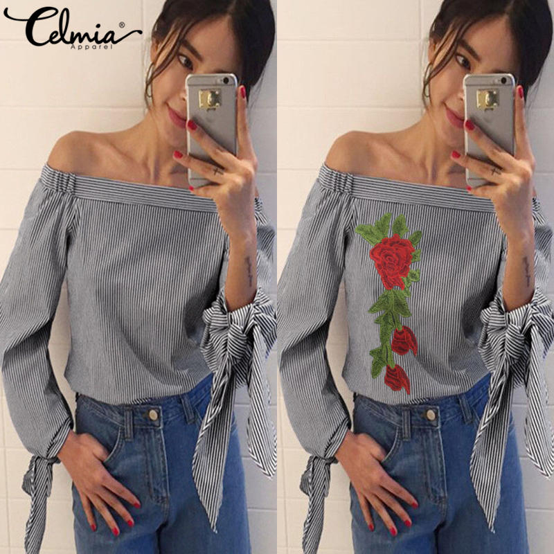 Women Blouses Floral Embroidery Off Shoulder Blouse 2018 Spring Autumn Long Sleeve Shirt Women Camisas Femininas Bow Women Tops