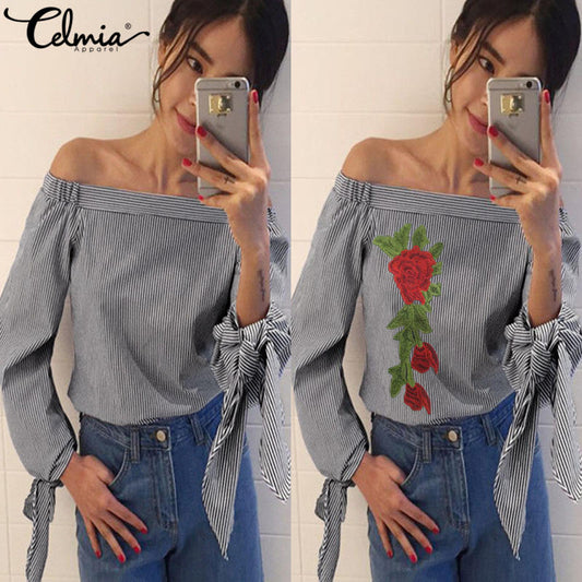 Women Blouses Floral Embroidery Off Shoulder Blouse 2018 Spring Autumn Long Sleeve Shirt Women Camisas Femininas Bow Women Tops