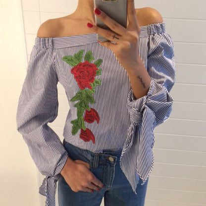 Women Blouses Floral Embroidery Off Shoulder Blouse 2018 Spring Autumn Long Sleeve Shirt Women Camisas Femininas Bow Women Tops