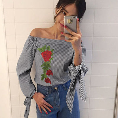 Women Blouses Floral Embroidery Off Shoulder Blouse 2018 Spring Autumn Long Sleeve Shirt Women Camisas Femininas Bow Women Tops