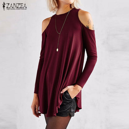 ZANZEA Women Blouses 2018 Autumn Blusas Femininas Sexy Off Shoulder Long Sleeve Pullover Tops Casual Loose Plus Size Shirts