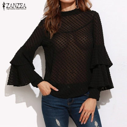 ZANZEA Women Blouses 2018 Fashion Ruffles Long Sleeve Shirts Casual See Through Back Hollow Out Plus Size Tops Blusas Femininas