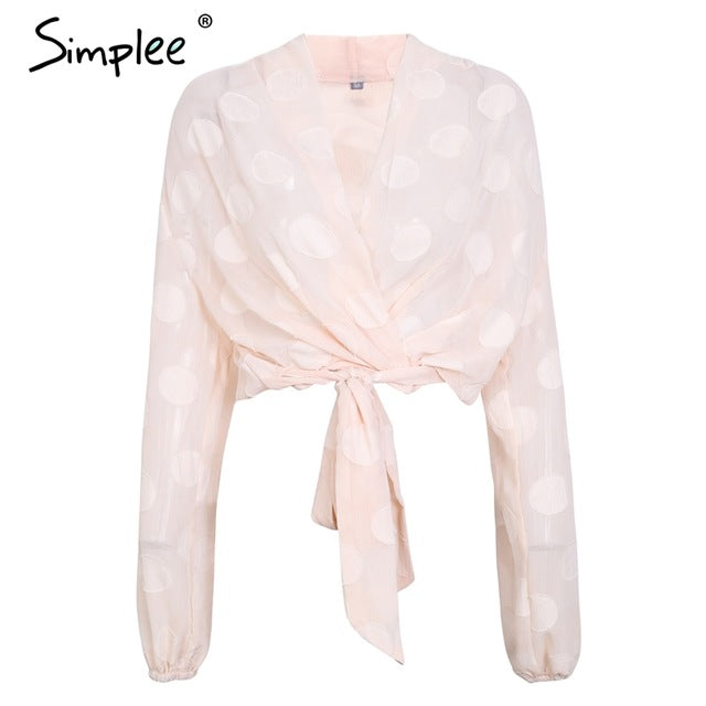 Simplee Sexy v neck polka dot chiffon blouse women Casual sash long sleeve blouse 2018 Elastic summer transparent blouse