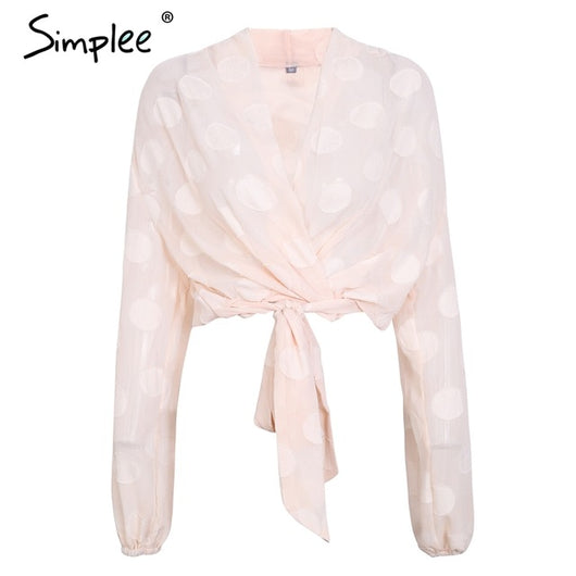 Simplee Sexy v neck polka dot chiffon blouse women Casual sash long sleeve blouse 2018 Elastic summer transparent blouse