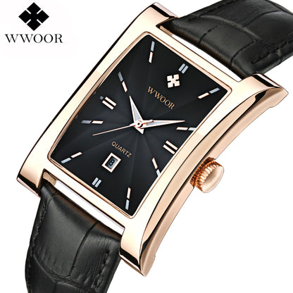 Top Brand Luxury Men's Square Quartz Watch Men Waterproof Genuine Leather Casual Sports Wrist Watch Male Famous WWOOR Date Clock