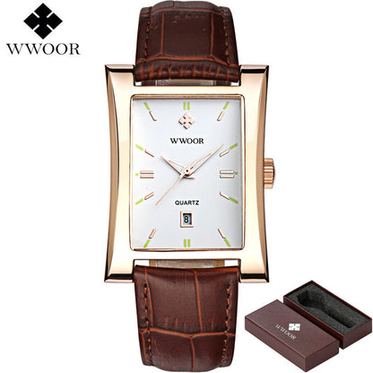 Top Brand Luxury Men's Square Quartz Watch Men Waterproof Genuine Leather Casual Sports Wrist Watch Male Famous WWOOR Date Clock