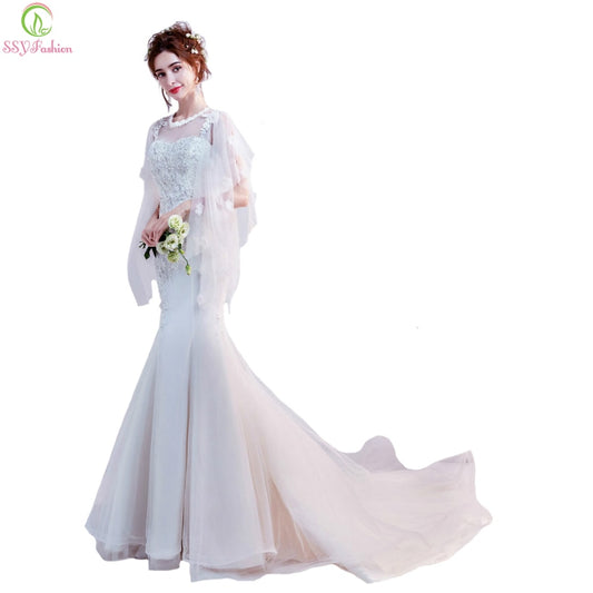 SSYFashion 2018 New Wedding Dress Sexy Slim Wehite Lace Appliques Cape Sleeves Mermaid Sweep Train Wedding Gown Vestido De Noiva