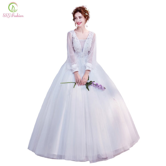 SSYFashion New Wedding Dress The Bride White Lace Flower Beading Long Sleeved V-neck Floor-length Wedding Gown Vestido De Noiva