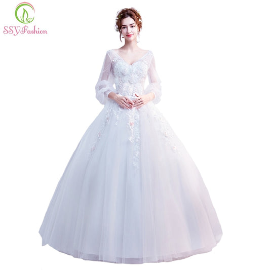 SSYFashion 2018 New Wedding Dress The Bride Married V-neck Long Sleeved Lace Flower Beading Floor-length Wedding Gown In Stock