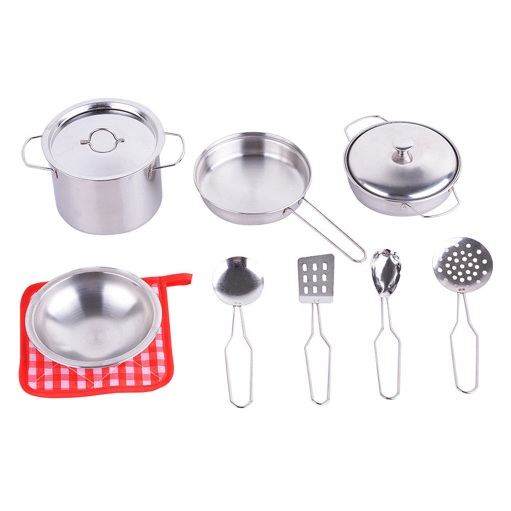 Metal Pots and Pans Kitchen Cookware Playset for Kids with Cooking Utensils Set