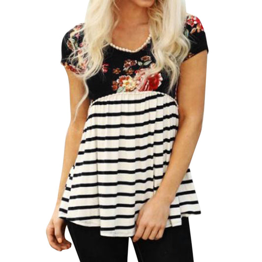 Women Short Sleeve Striped Floral Print Casual Loose Blouse Tassels T-Shirt Top