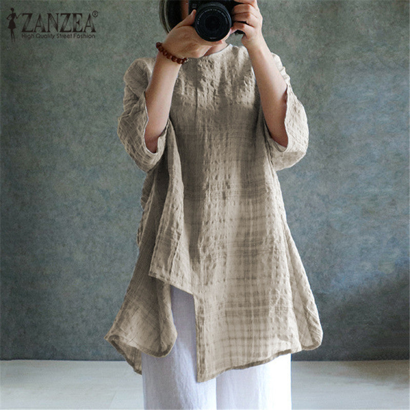 ZANZEA Plus Size S-5XL  Women Linen Blouse Top 2018 Summer Long Sleeve Plaid Vintage Split Baggy Blusa Femininas Oversized Shirt