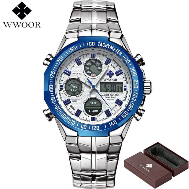 WWOOR Men Waterproof Sports Watches Men Brand Luxury Quartz Analog LED Digital Clock Male Army Military Watch relogio masculino