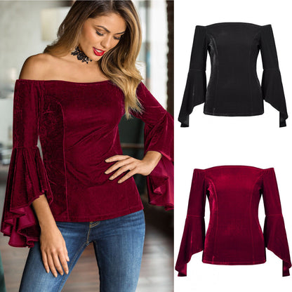 Women Off The Shoulder Blouse Long Sleeve Ladies T Shirt Loose Casual Tops