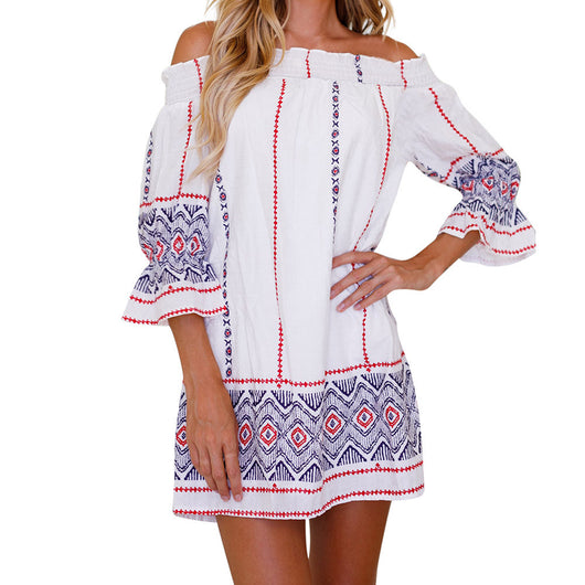Womens Off Shoulder Geometric Printing Summer Mini Beach Dress