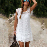 Women Casual Lace Sleeveless Beach Short Dress Tassel Mini Dress