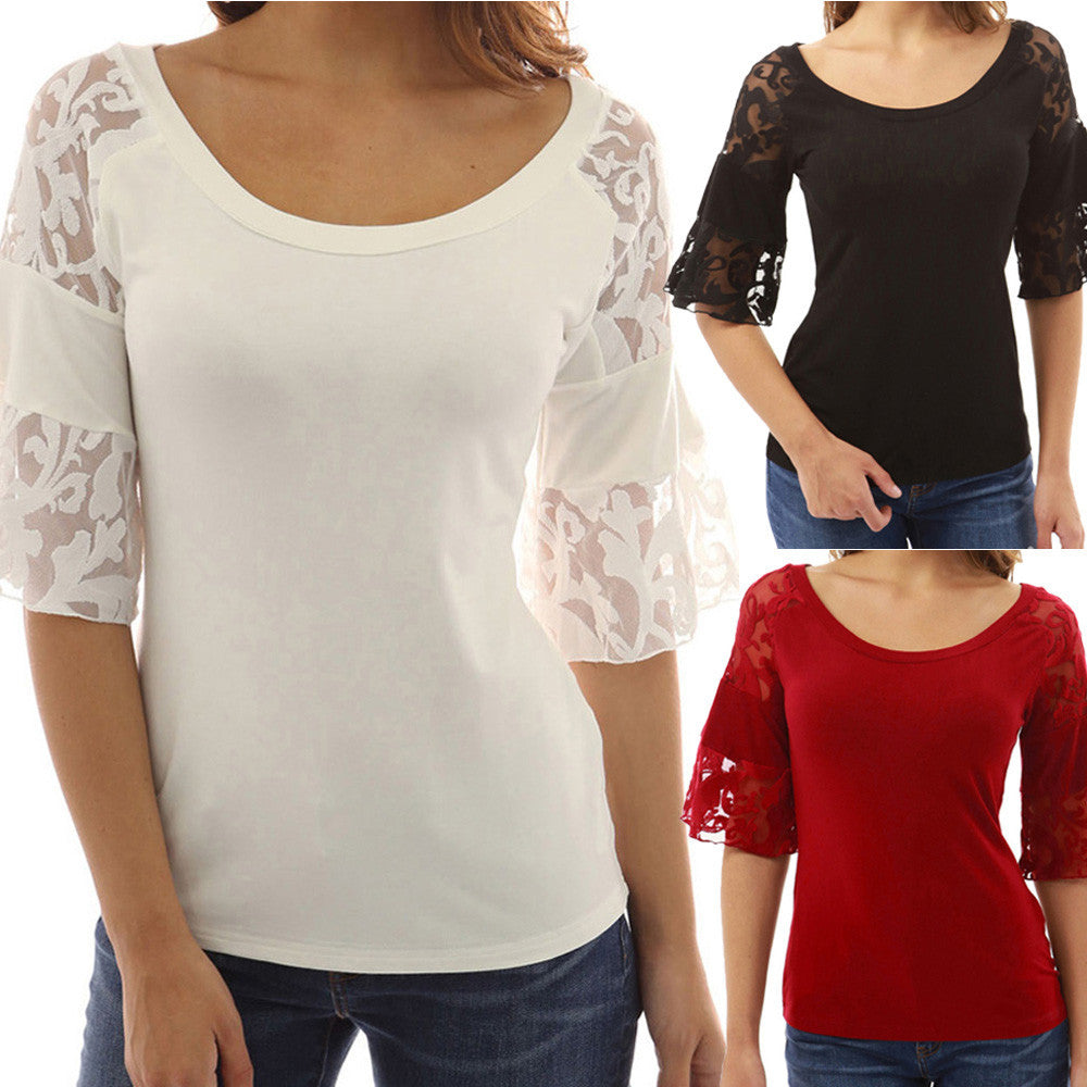 Women Loose Solid Lace Half Sleeve O-Neck Blouse Casual Tops T-Shirt