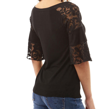 Women Loose Solid Lace Half Sleeve O-Neck Blouse Casual Tops T-Shirt