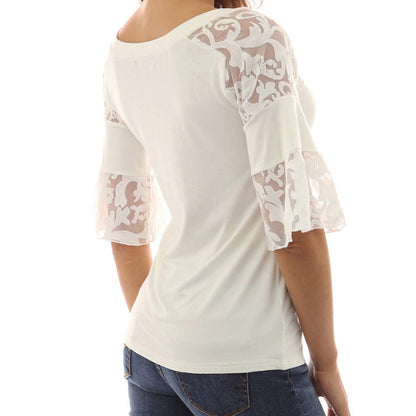 Women Loose Solid Lace Half Sleeve O-Neck Blouse Casual Tops T-Shirt