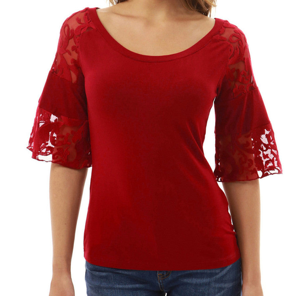 Women Loose Solid Lace Half Sleeve O-Neck Blouse Casual Tops T-Shirt