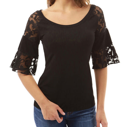 Women Loose Solid Lace Half Sleeve O-Neck Blouse Casual Tops T-Shirt