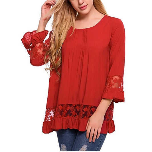 Women 3/4 Sleeve Speaker Sleeve Tops Lace Tops Blouse T-Shirt