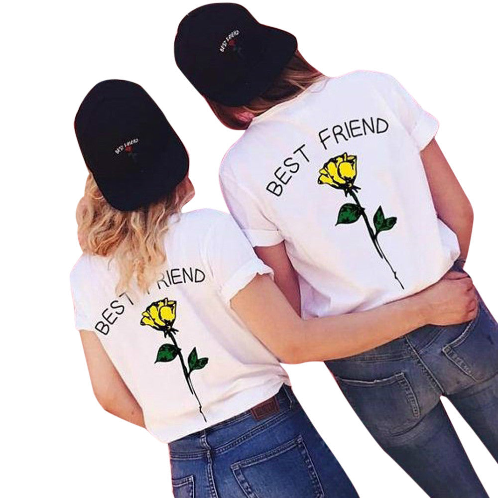 Women Best Friend Letters Rose Printed T Shirts Causal Blouses Tops