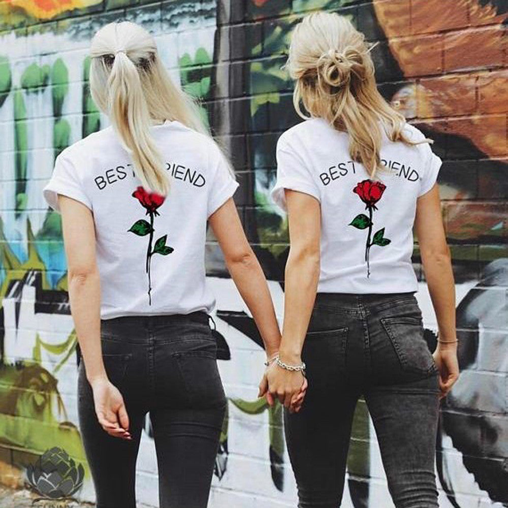 Women Best Friend Letters Rose Printed T Shirts Causal Blouses Tops